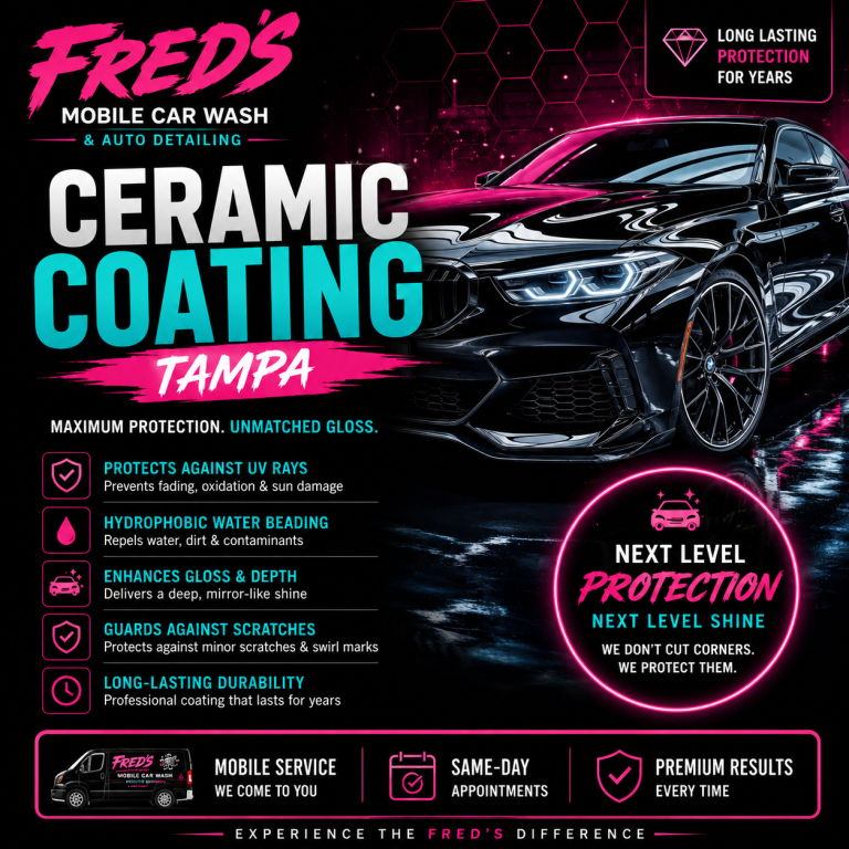 Ceramic Coating Tampa – Long-Term Paint Protection Services Ceramic coating Tampa providing long-lasting paint protection, hydrophobic shine, UV resistance, and gloss enhancement for vehicles