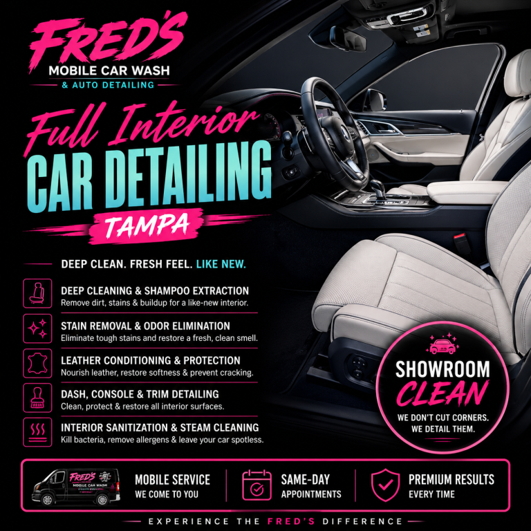 Interior Car Detailing Tampa – Deep Interior Cleaning Services Interior car detailing Tampa with deep seat shampooing, stain removal, steam cleaning, pet hair removal, and odor elimination services