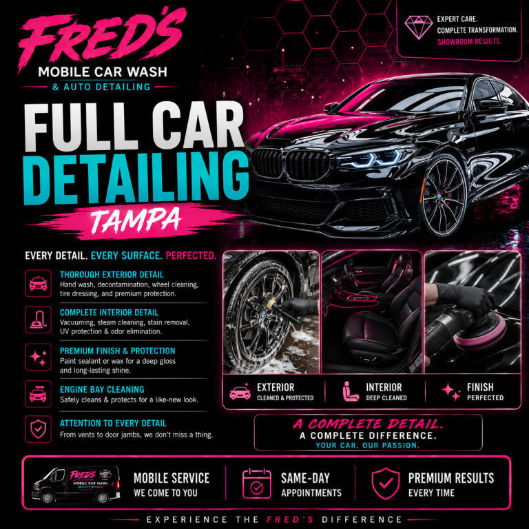 Full Car Detailing Tampa – Complete Interior & Exterior Detailing Full car detailing Tampa with interior deep cleaning, exterior hand wash, wax protection, ceramic coating, and showroom-quality results